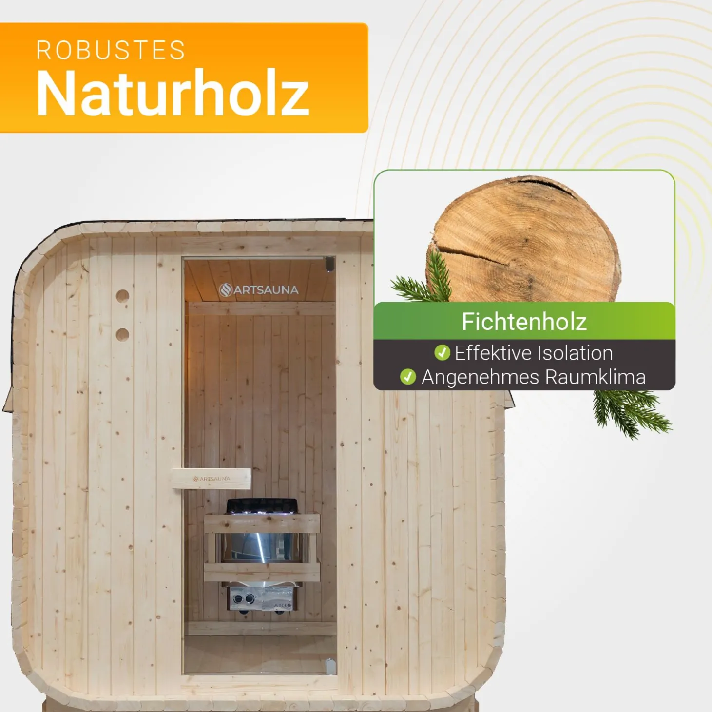 Fasssauna quadratisch Nolvik Saunafass mit Saunaofen und Zubehör-Set für den Garten