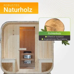 Fasssauna quadratisch Nolvik Saunafass mit Saunaofen und Zubehör-Set für den Garten