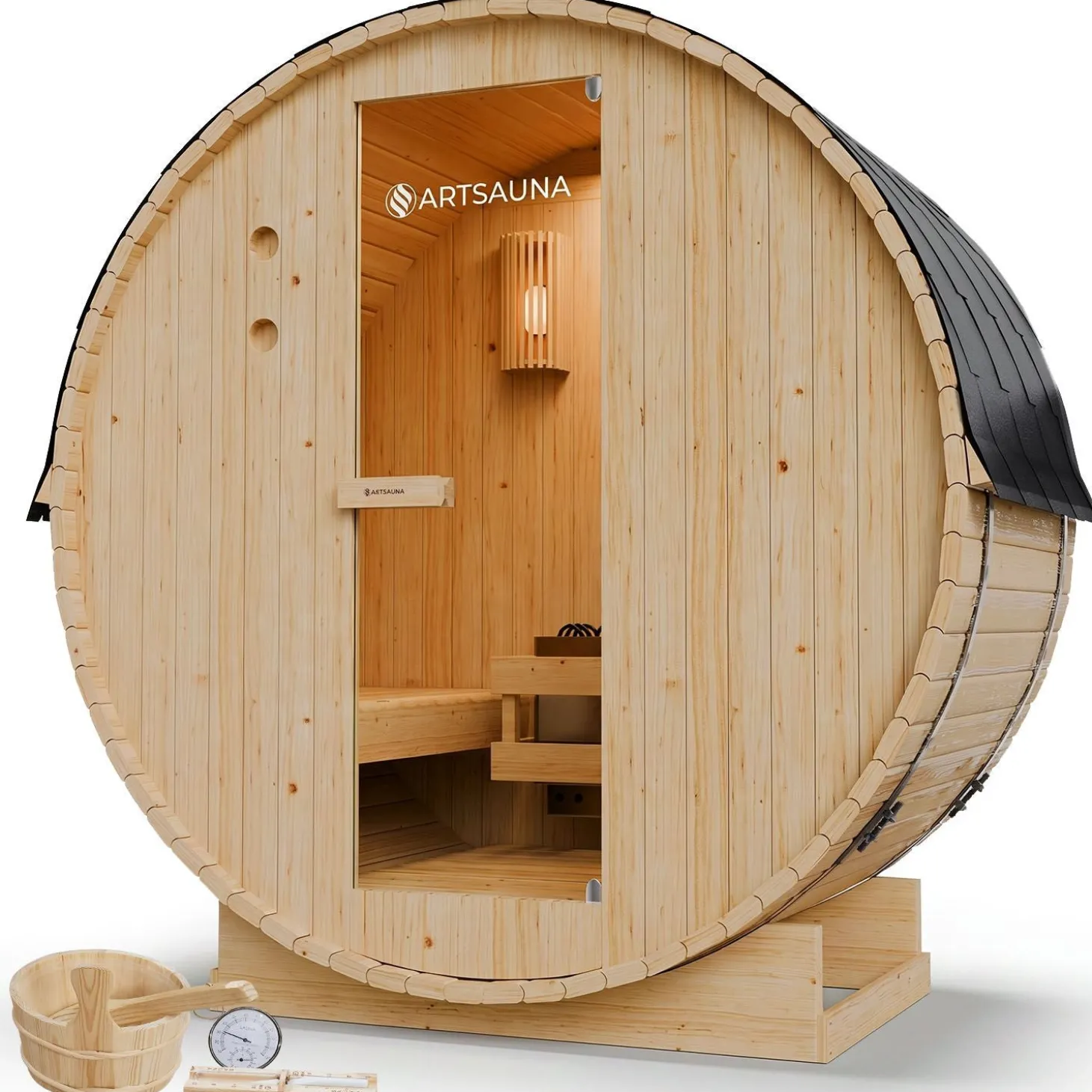 Fasssauna Spitzbergen mit Saunaofen Für 2 - 6 Personen | Ø 190 cm | 3,6 - 8 kW Saunaofen