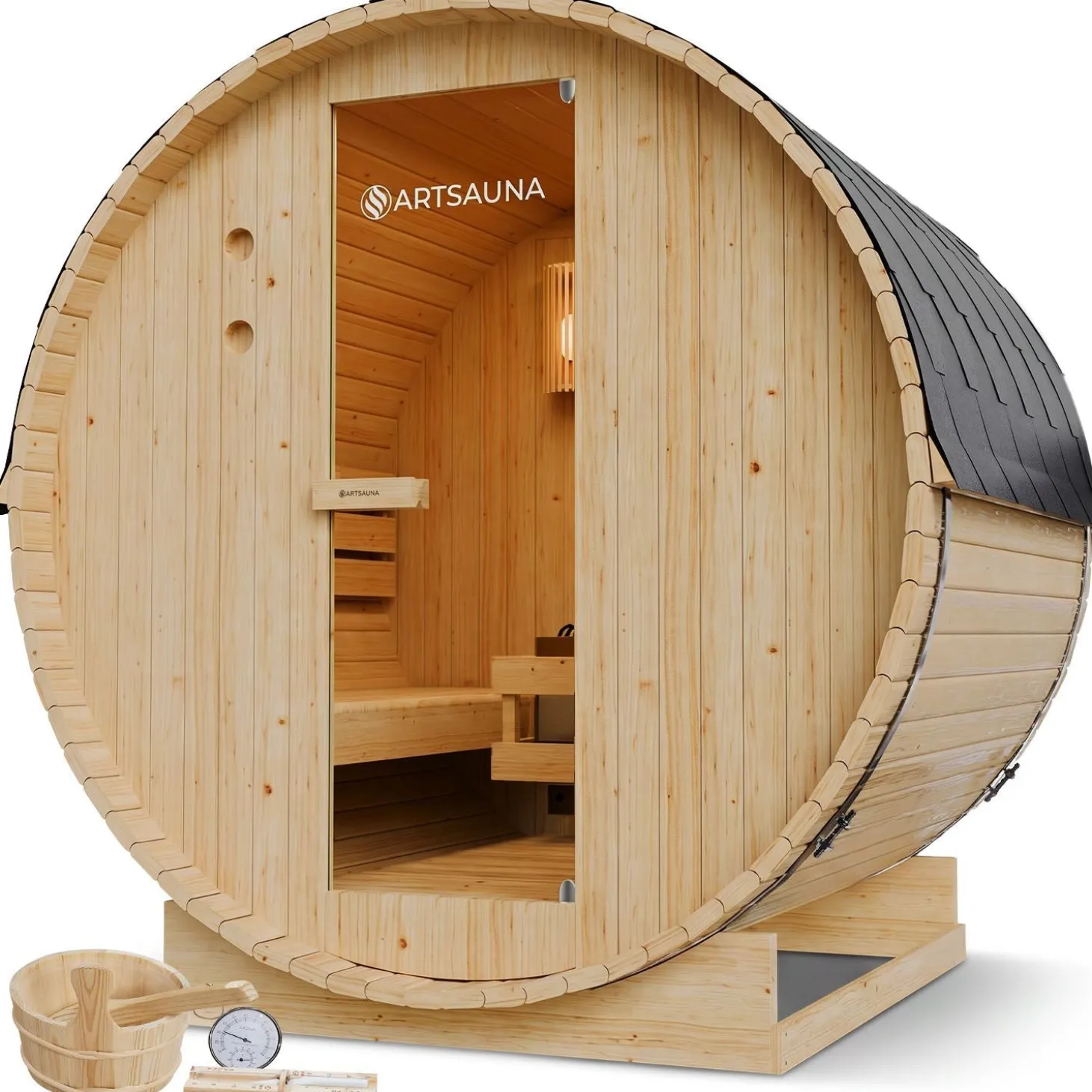 Fasssauna Spitzbergen mit Saunaofen Für 2 - 6 Personen | Ø 190 cm | 3,6 - 8 kW Saunaofen