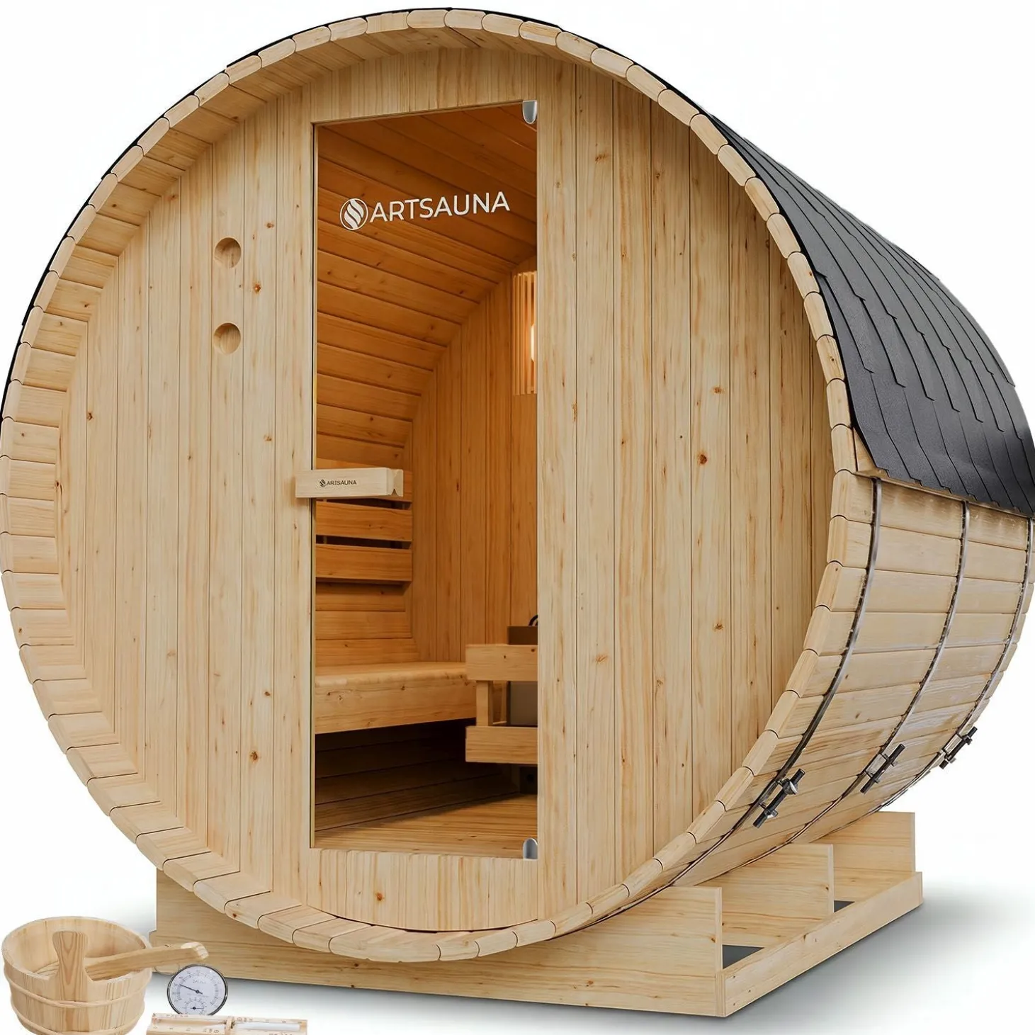 Fasssauna Spitzbergen mit Saunaofen Für 2 - 6 Personen | Ø 190 cm | 3,6 - 8 kW Saunaofen