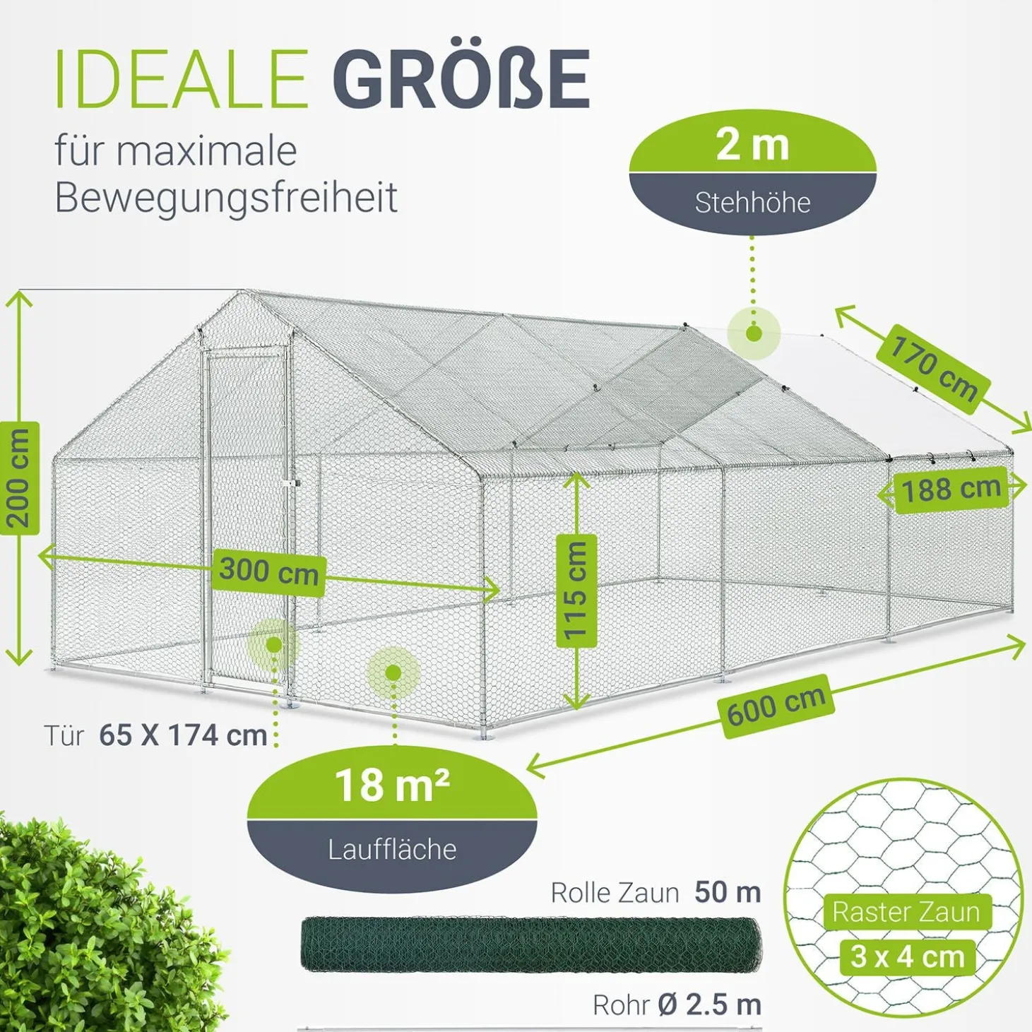 Freilaufgehege HLS25T für Hühner Outdoor Hühnerstall mit Tür, Plane & verzinktem Draht