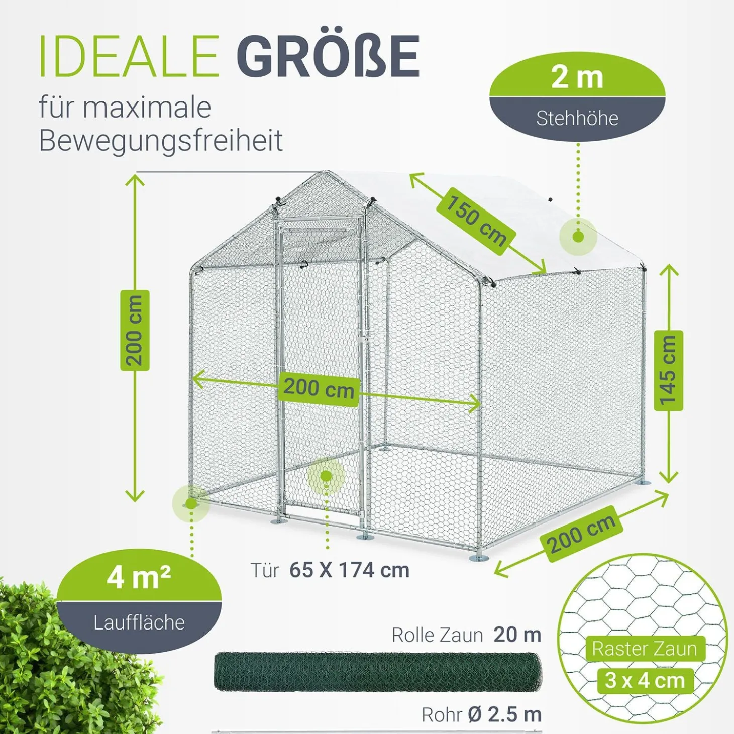 Freilaufgehege HLS25T für Hühner Outdoor Hühnerstall mit Tür, Plane & verzinktem Draht