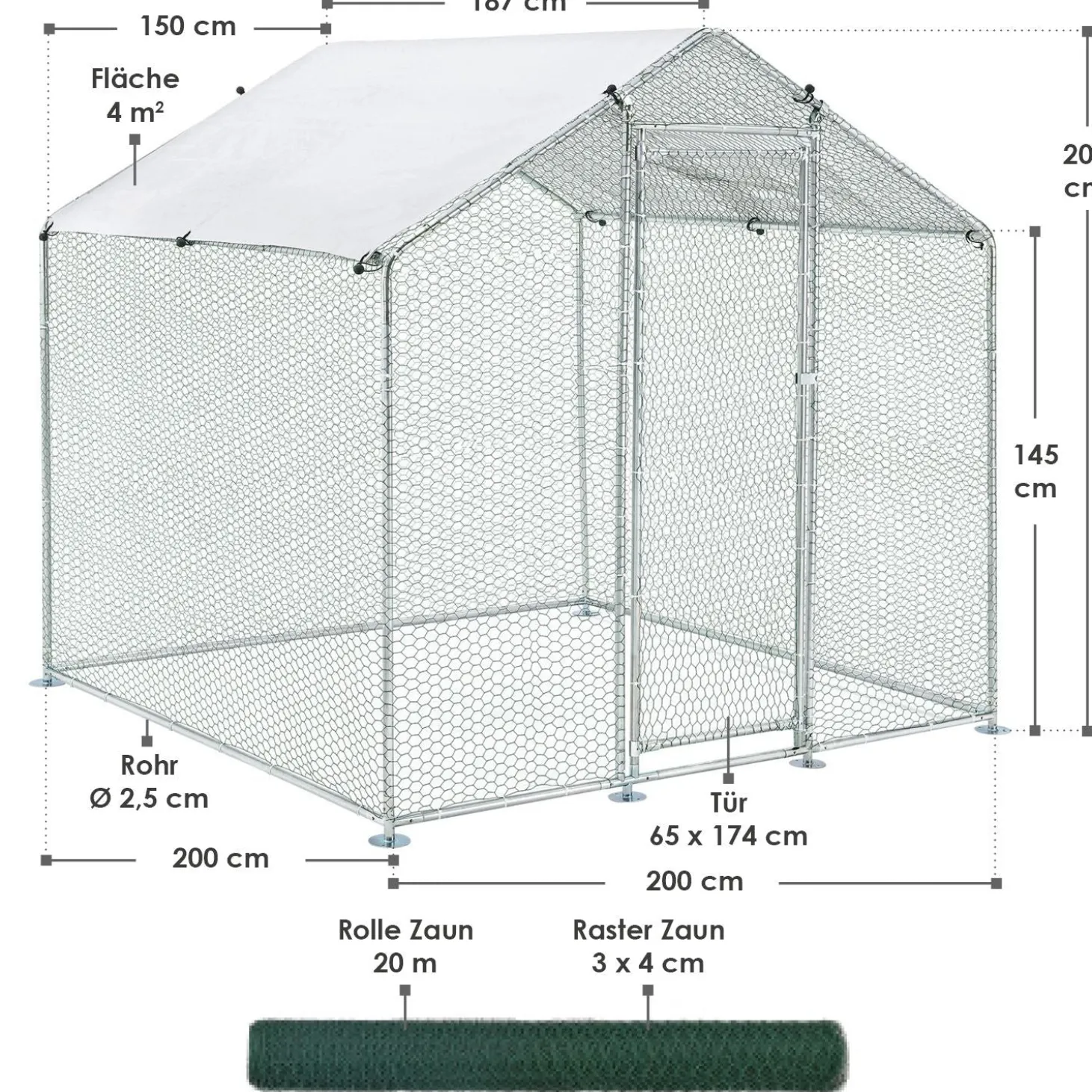 Freilaufgehege HLS25T für Hühner Outdoor Hühnerstall mit Tür, Plane & verzinktem Draht