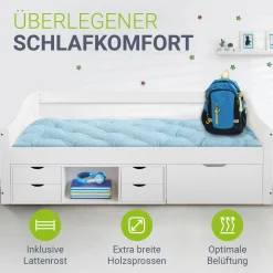 Funktionsbett Nalu Stilvolles Bett aus Holz mit Lattenrost & Stauraum - Weiß