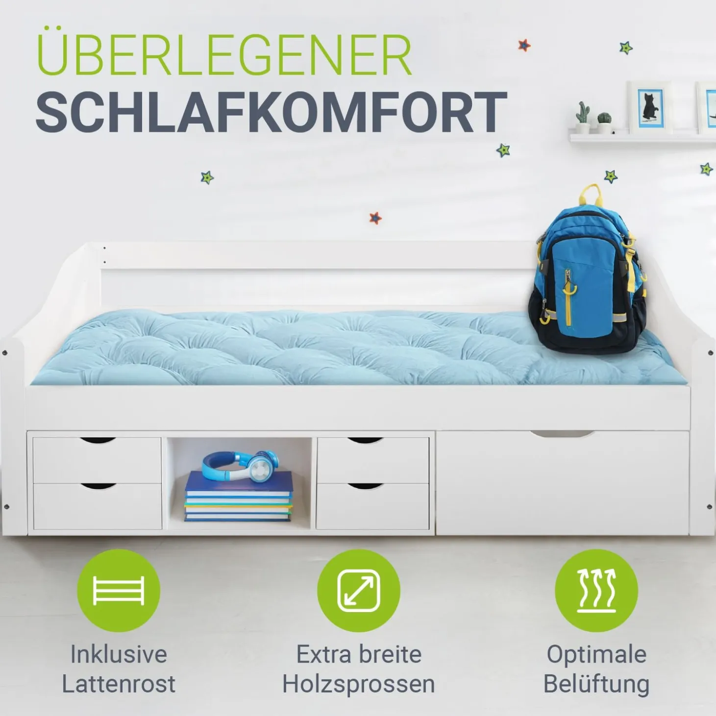 Funktionsbett Nalu Stilvolles Bett aus Holz mit Lattenrost & Stauraum - Weiß