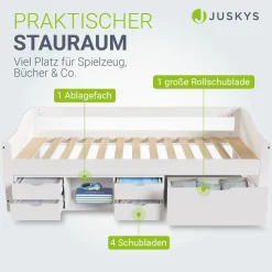 Funktionsbett Nalu Stilvolles Bett aus Holz mit Lattenrost & Stauraum - Weiß