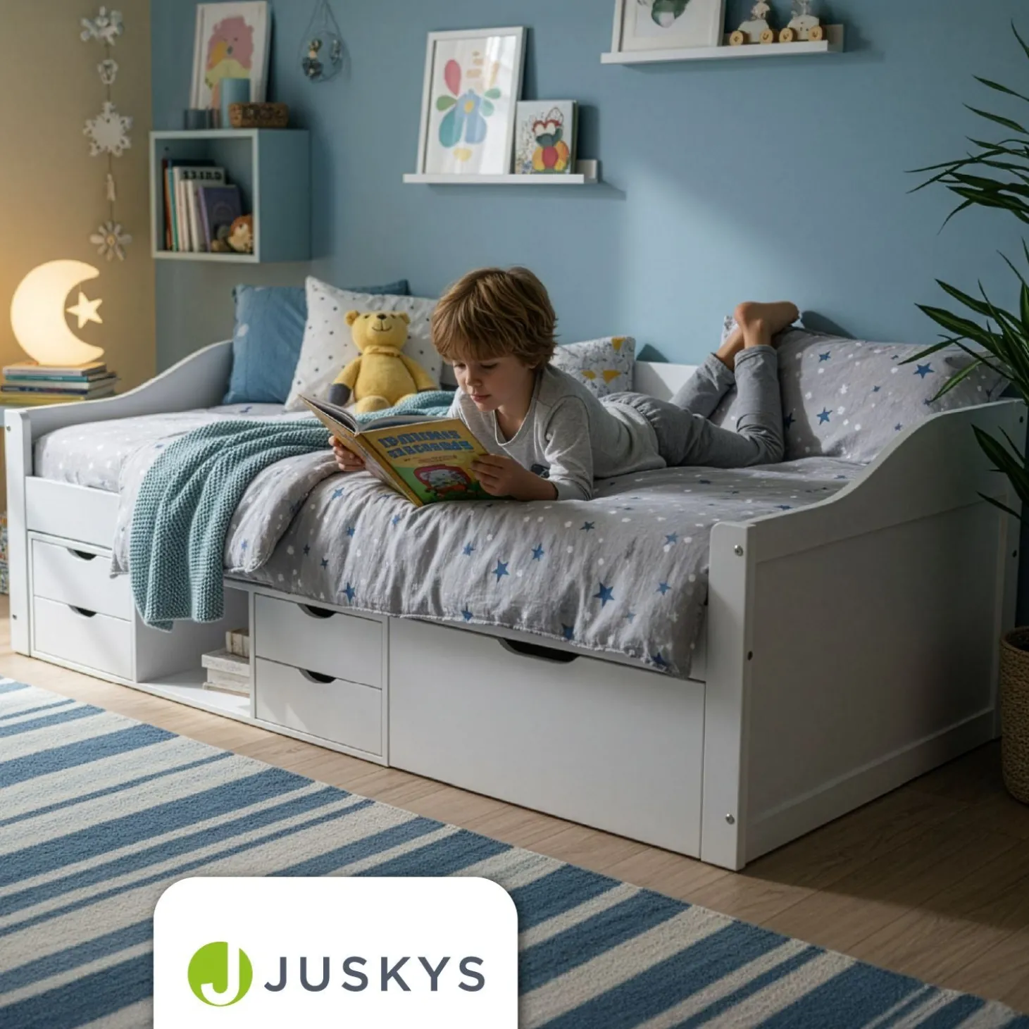 Funktionsbett Nalu Stilvolles Bett aus Holz mit Lattenrost & Stauraum - Weiß