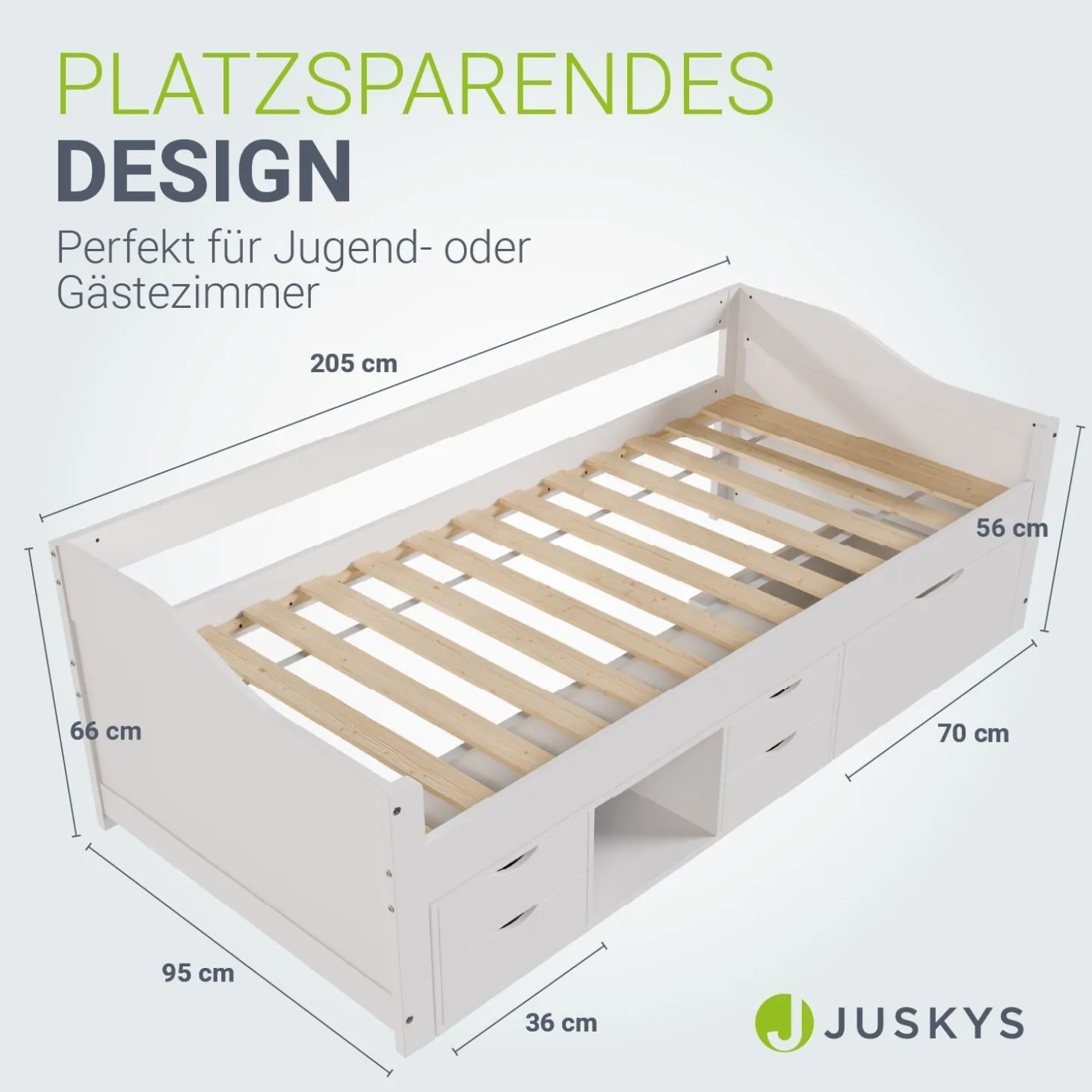 Funktionsbett Nalu Stilvolles Bett aus Holz mit Lattenrost & Stauraum - Weiß