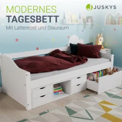 Funktionsbett Nalu Stilvolles Bett aus Holz mit Lattenrost & Stauraum - Weiß