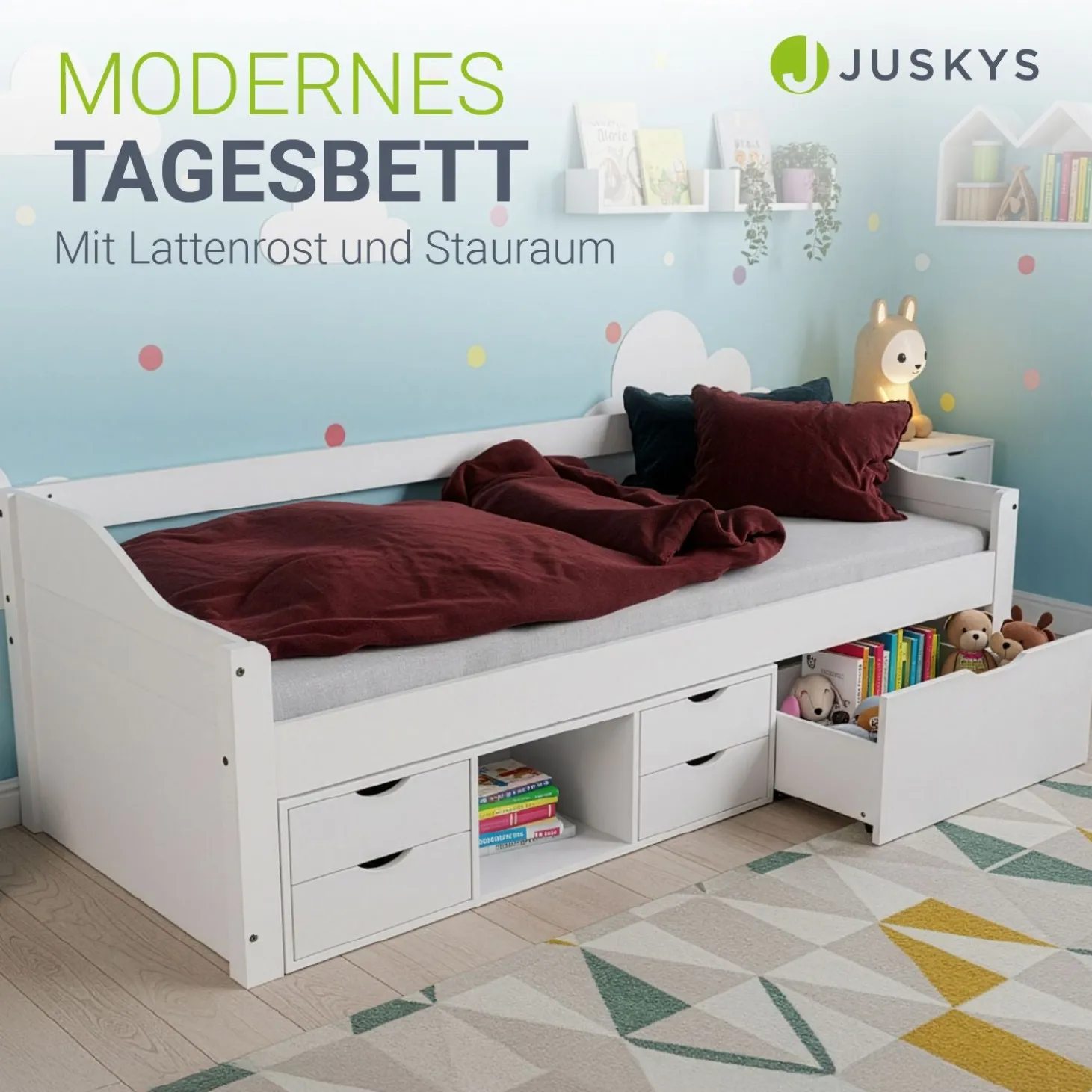 Funktionsbett Nalu Stilvolles Bett aus Holz mit Lattenrost & Stauraum - Weiß