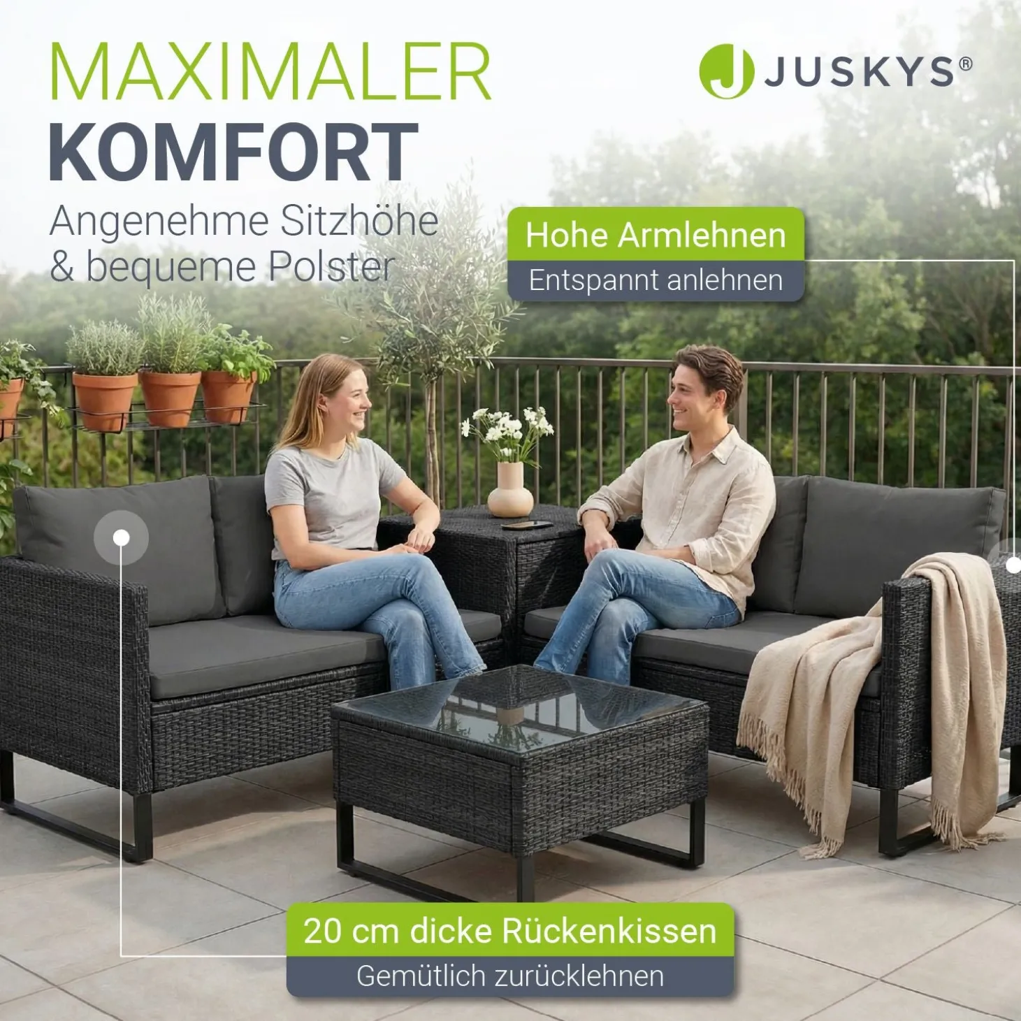 Gartenlounge für 4 Personen Santorini Modulare Polsterlounge aus Polyrattan inkl. Kissenbox