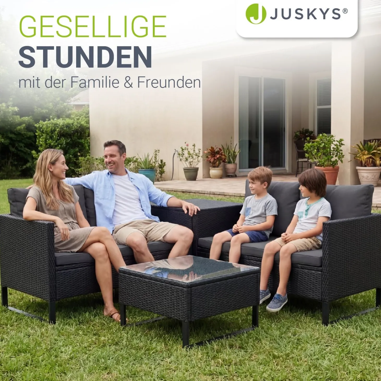 Gartenlounge für 4 Personen Santorini Modulare Polsterlounge aus Polyrattan inkl. Kissenbox