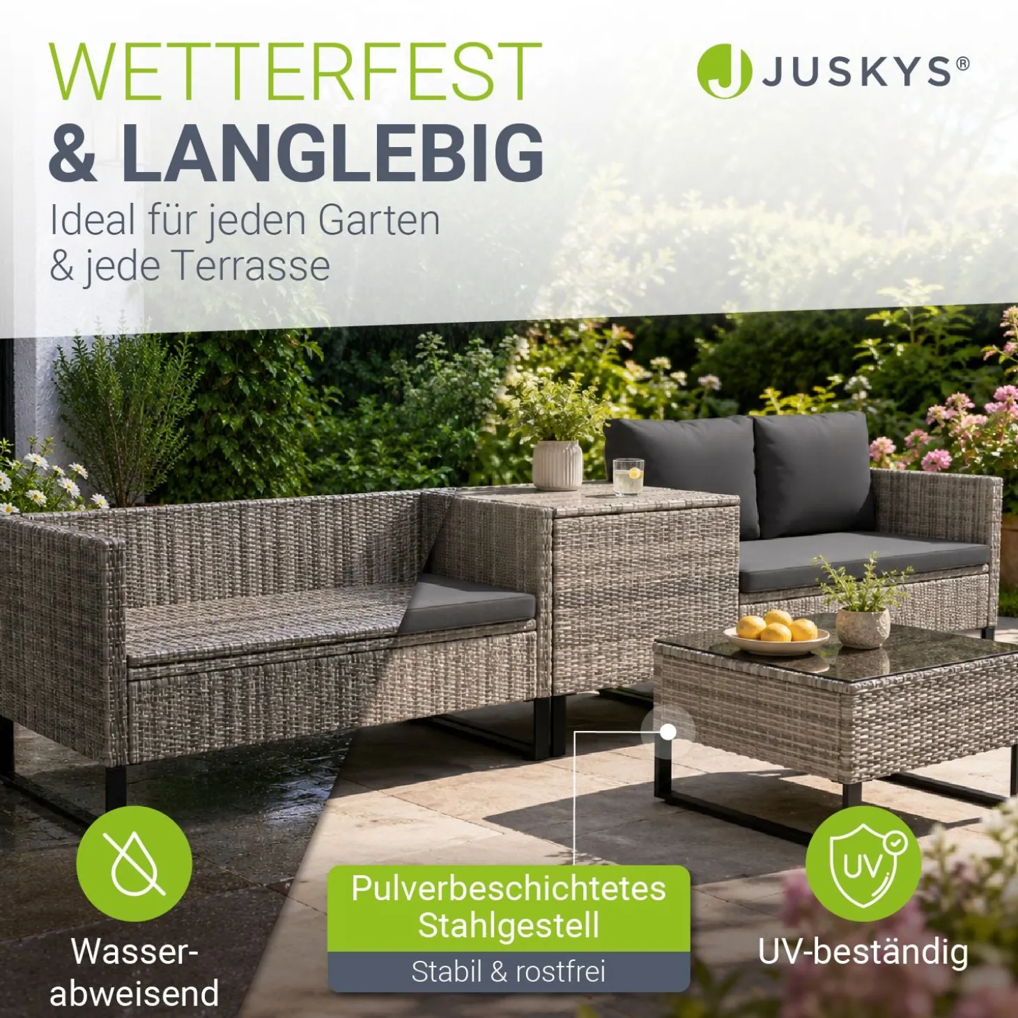 Gartenlounge für 4 Personen Santorini Modulare Polsterlounge aus Polyrattan inkl. Kissenbox