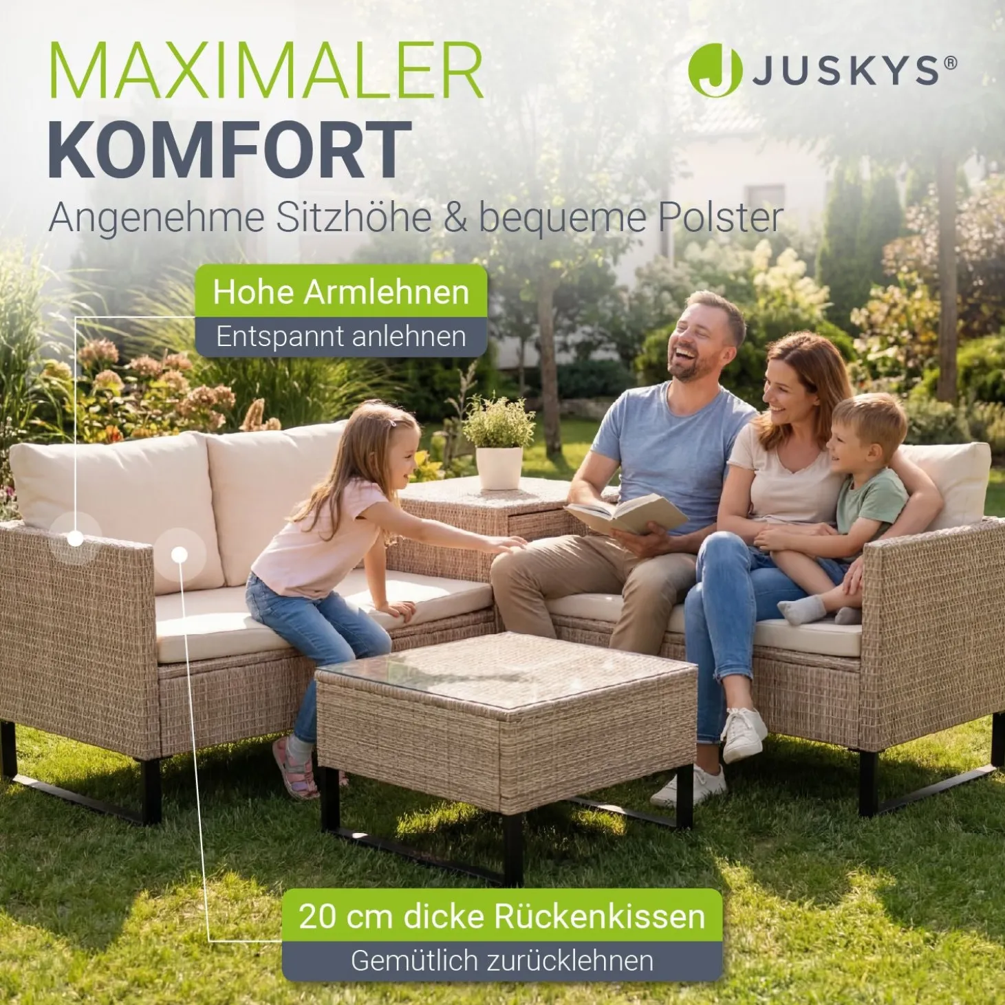 Gartenlounge für 4 Personen Santorini Modulare Polsterlounge aus Polyrattan inkl. Kissenbox