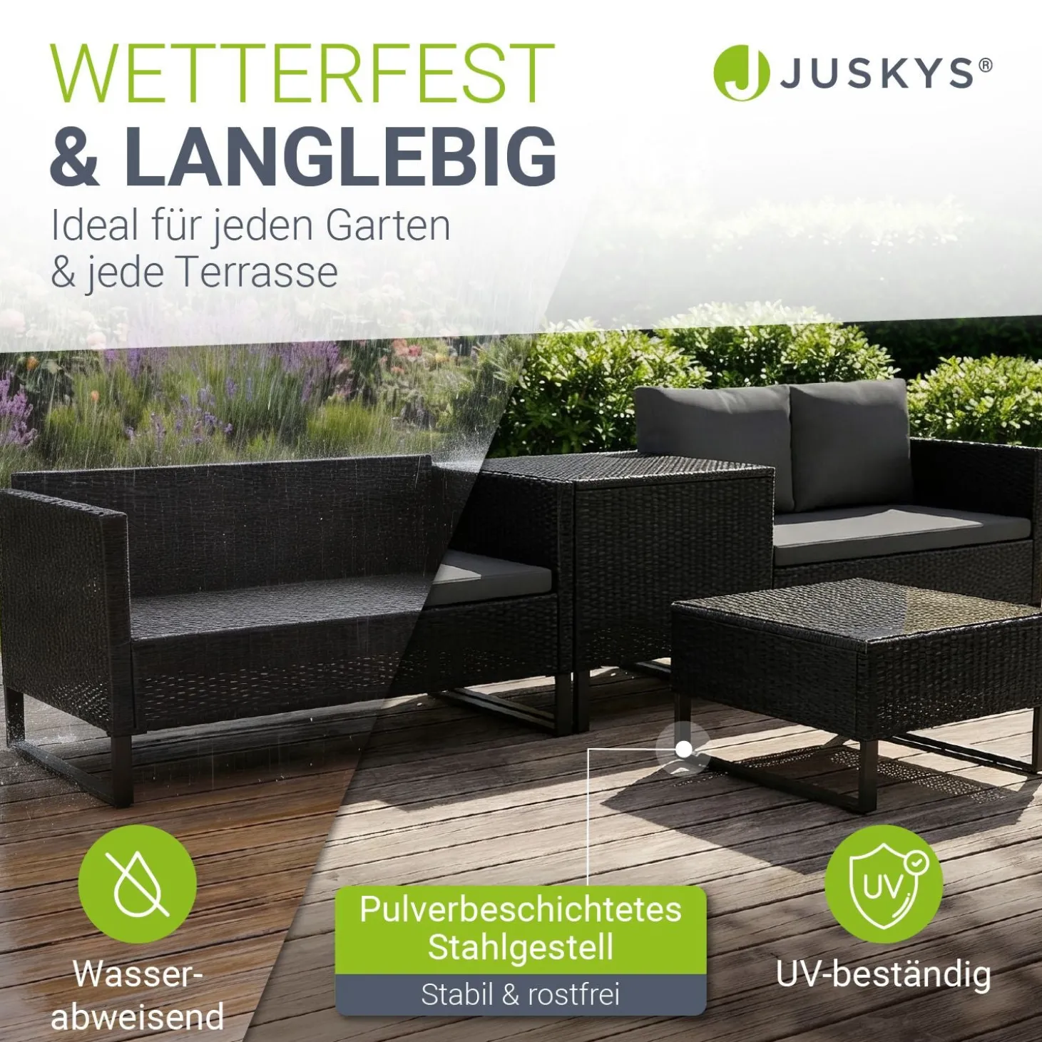Gartenlounge für 4 Personen Santorini Modulare Polsterlounge aus Polyrattan inkl. Kissenbox