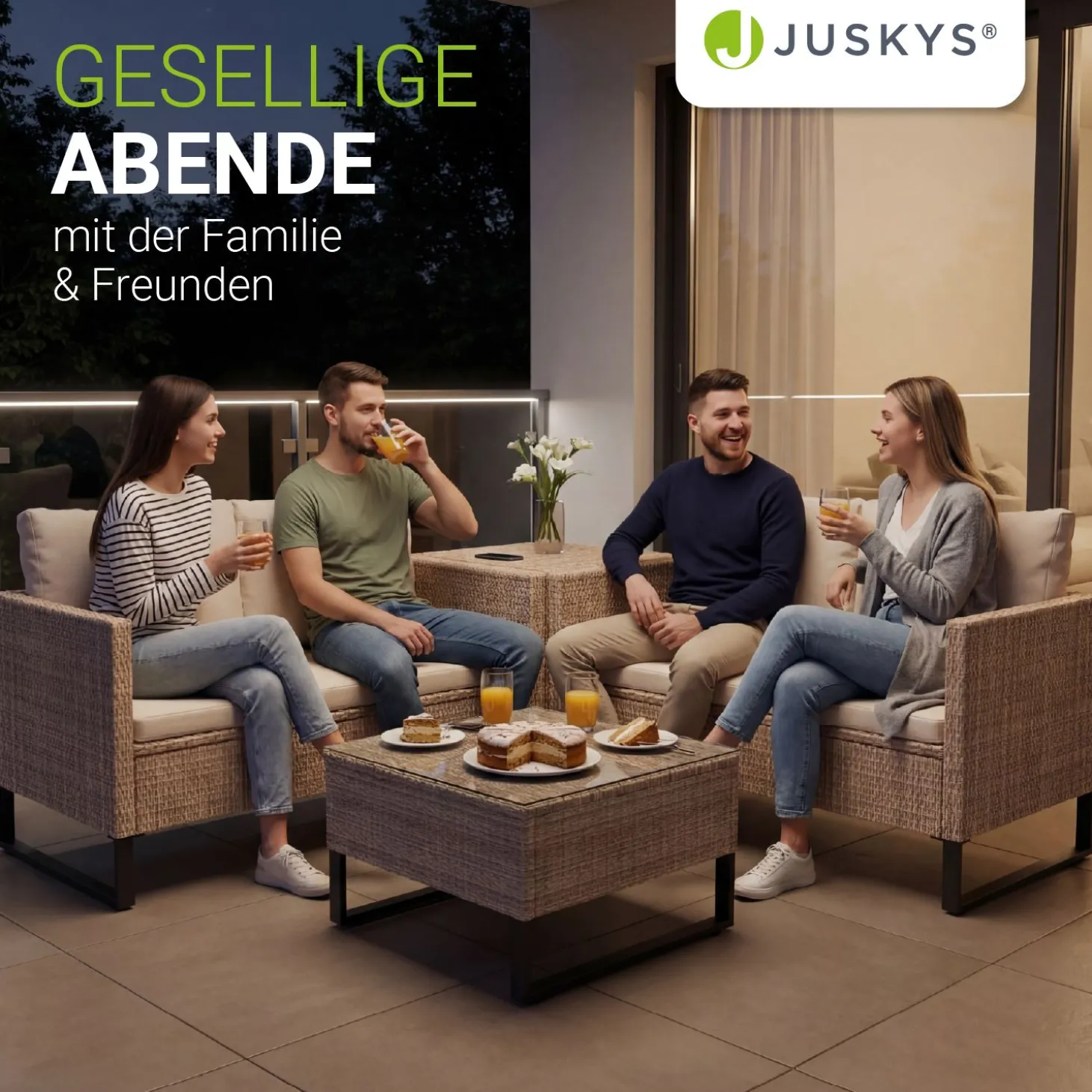 Gartenlounge für 4 Personen Santorini Modulare Polsterlounge aus Polyrattan inkl. Kissenbox