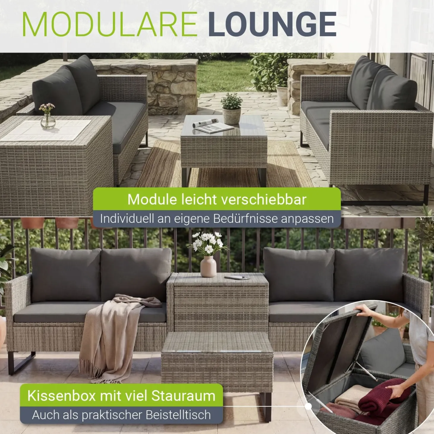 Gartenlounge für 4 Personen Santorini Modulare Polsterlounge aus Polyrattan inkl. Kissenbox
