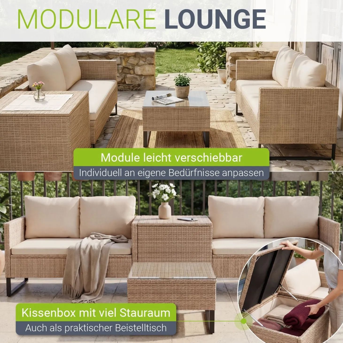 Gartenlounge für 4 Personen Santorini Modulare Polsterlounge aus Polyrattan inkl. Kissenbox