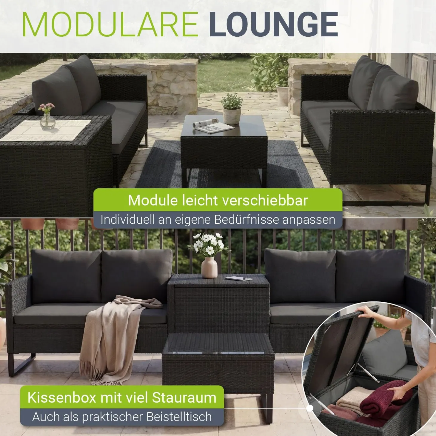 Gartenlounge für 4 Personen Santorini Modulare Polsterlounge aus Polyrattan inkl. Kissenbox