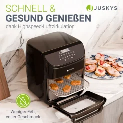 Heißluftfritteuse 12L mit 10 Programmen Airfryer für schnelles Kochen in Schwarz mit Display & Zubehör