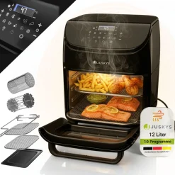 Heißluftfritteuse 12L mit 10 Programmen Airfryer für schnelles Kochen in Schwarz mit Display & Zubehör
