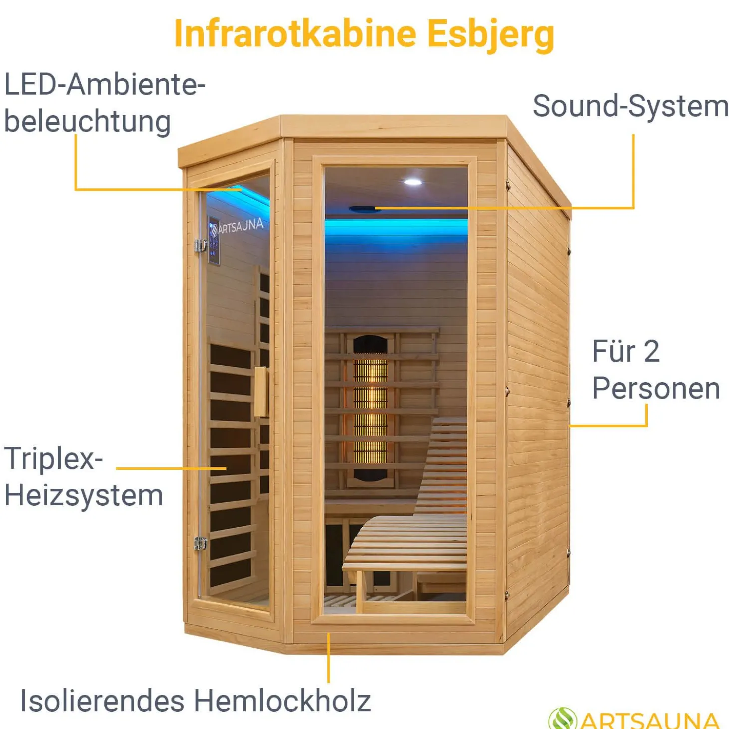 Infrarotkabine Esbjerg ↔ 130x190cm ↕ 190cm ⚟ Triplex-Heizsystem 유 2 Personen