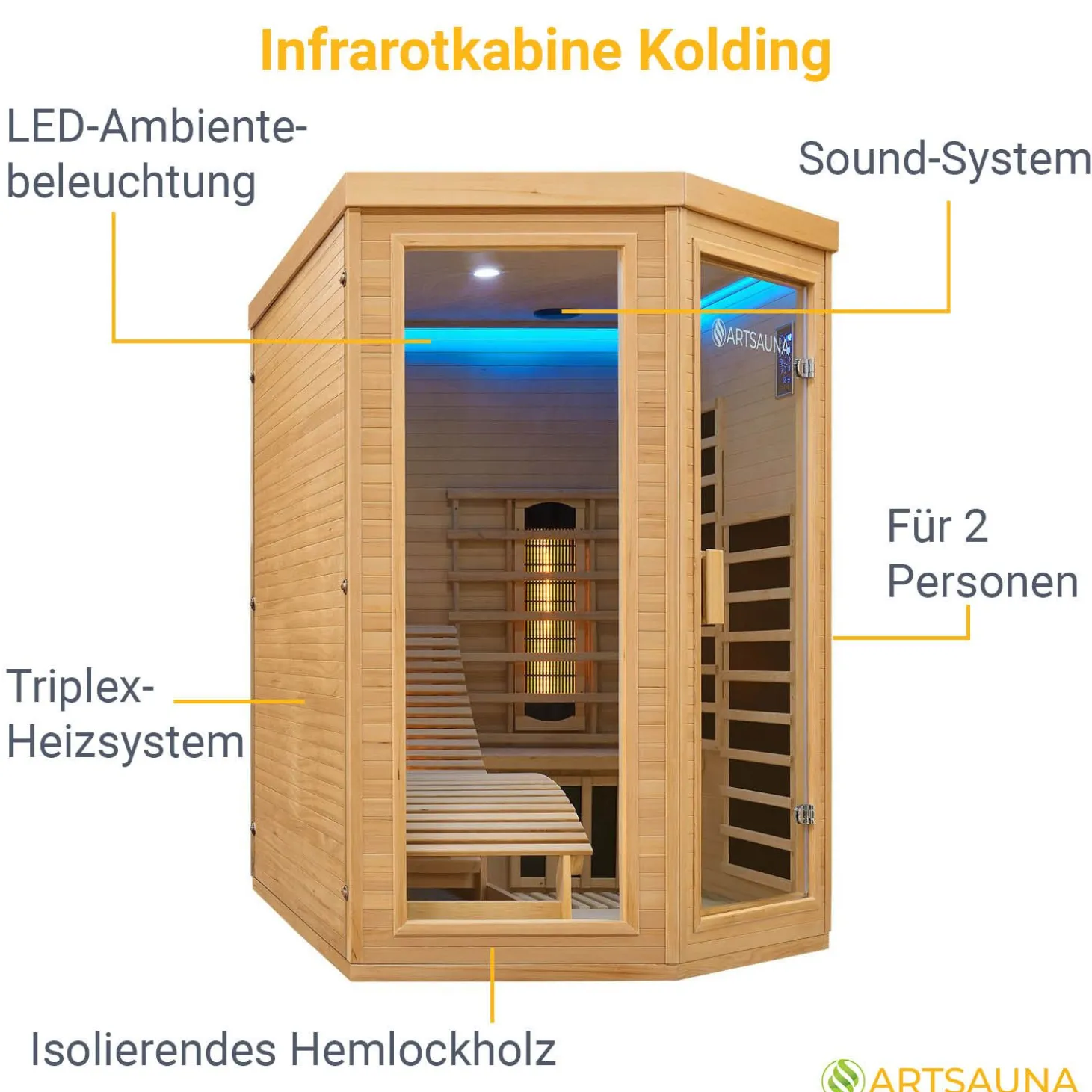 Infrarotkabine Kolding ↔ 130x190cm ↕ 190cm ⚟ Dual-Heizsystem 유 2 Personen