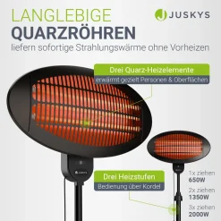 Infrarotstrahler 2000W Schwarz außen Heizstrahler mit Quarzröhren, 3 Stufen und Teleskopgestell