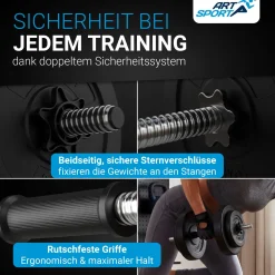 3in1 Hantelset 60kg Komplett-Set: Kurz-, Lang- und Curlhantel mit Gewichten und rutschfesten Griffen