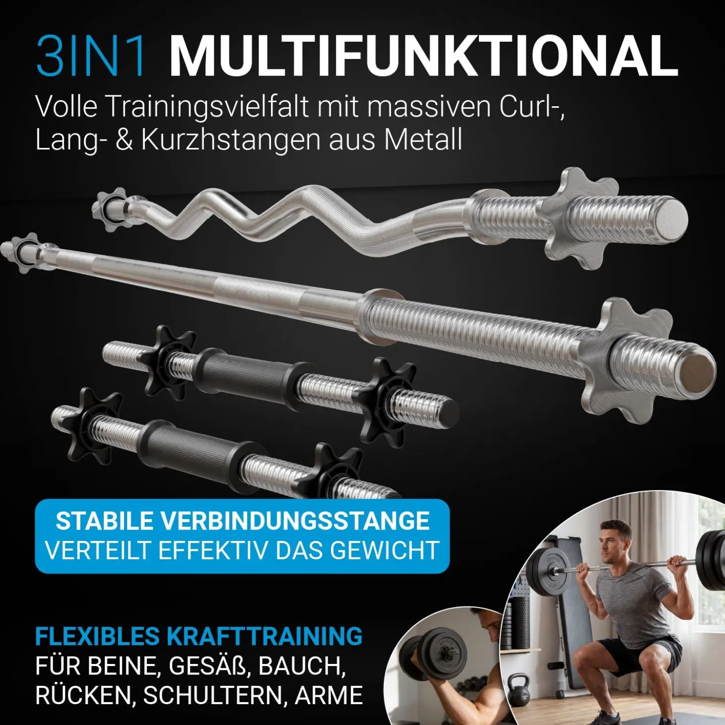 3in1 Hantelset 60kg Komplett-Set: Kurz-, Lang- und Curlhantel mit Gewichten und rutschfesten Griffen