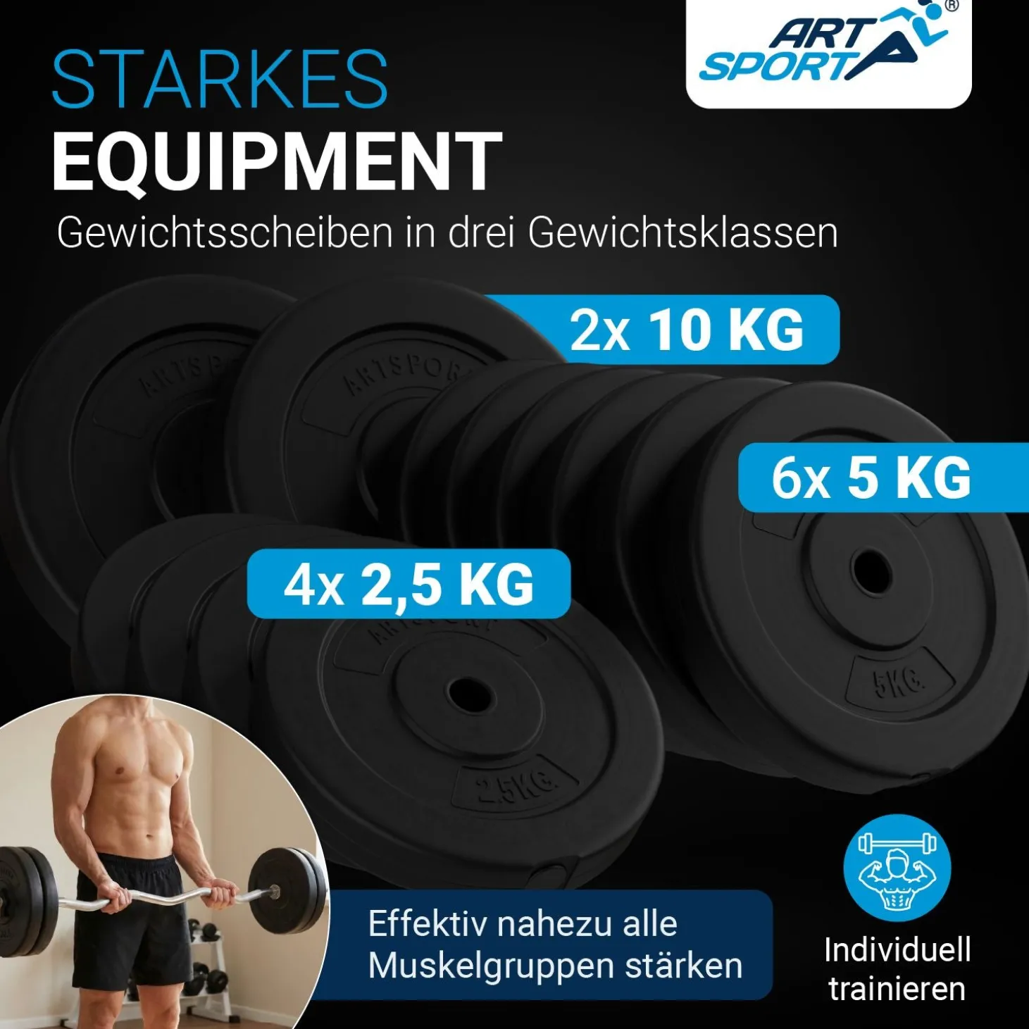 3in1 Hantelset 60kg Komplett-Set: Kurz-, Lang- und Curlhantel mit Gewichten und rutschfesten Griffen