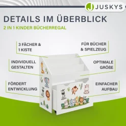 Kinder Bücherregal mit 3 Fächern und herausziehbarer Spielzeugkiste 3 Fächer + 1 Kiste zur Aufbewahrung von Büchern & Spielzeug