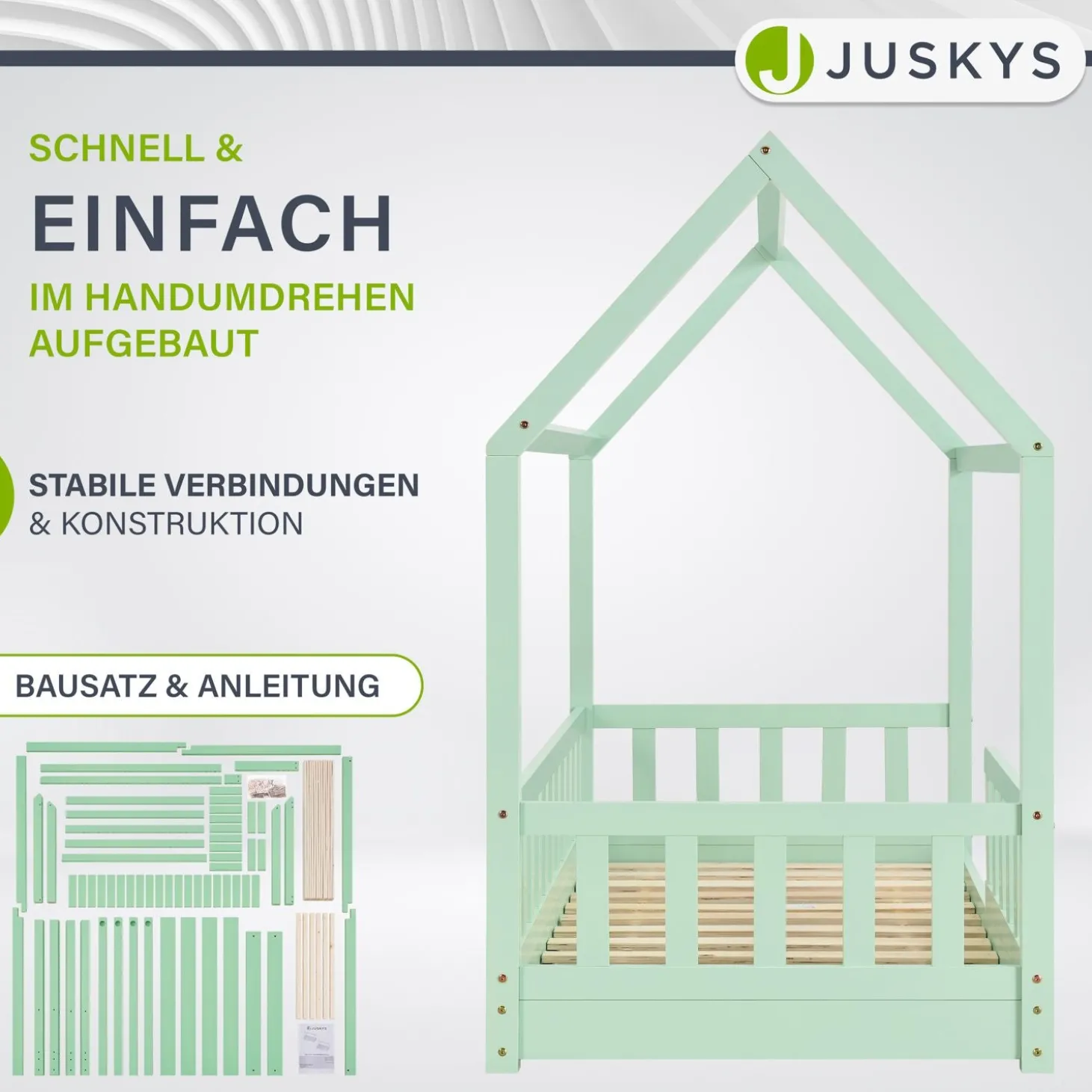 Kinderbett Marli 90 x 200 cm Hausbett mit Rausfallschutz, Lattenrost und Dach