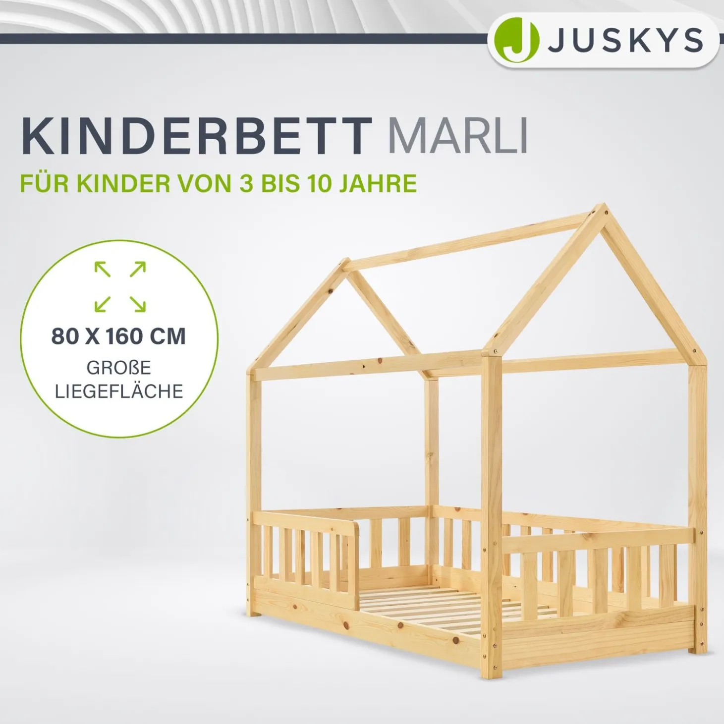 Kinderbett Marli 80 x 160 cm Hausbett mit Rausfallschutz, Lattenrost und Dach