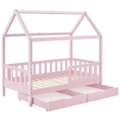 Kinderbett Marli 90 x 200 cm mit Bettkasten Hausbett mit Dach, Lattenrost, Rausfallschutz & Stauraum