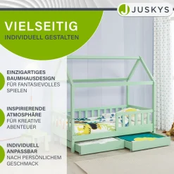 Kinderbett Marli 90 x 200 cm mit Bettkasten Hausbett mit Dach, Lattenrost, Rausfallschutz & Stauraum
