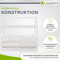 Kinderbett Marli 90 x 200 cm mit Bettkasten Hausbett mit Dach, Lattenrost, Rausfallschutz & Stauraum