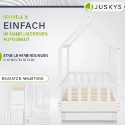 Kinderbett Marli 90 x 200 cm mit Bettkasten Hausbett mit Dach, Lattenrost, Rausfallschutz & Stauraum