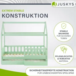 Kinderbett Marli 90 x 200 cm mit Bettkasten Hausbett mit Dach, Lattenrost, Rausfallschutz & Stauraum