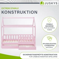 Kinderbett Marli 90 x 200 cm mit Bettkasten Hausbett mit Dach, Lattenrost, Rausfallschutz & Stauraum