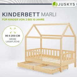 Kinderbett Marli 90 x 200 cm mit Bettkasten Hausbett mit Dach, Lattenrost, Rausfallschutz & Stauraum