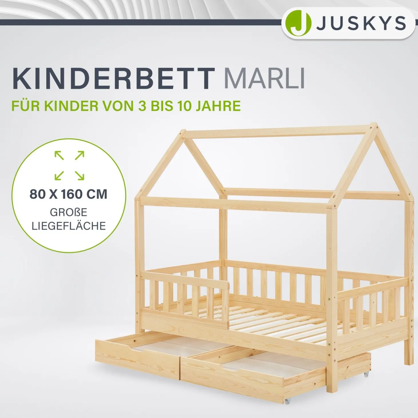 Kinderbett Marli 80 x 160 cm mit Bettkasten Hausbett mit Dach, Lattenrost, Rausfallschutz & Stauraum