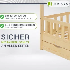Kinderbett Marli 80 x 160 cm mit Bettkasten Hausbett mit Dach, Lattenrost, Rausfallschutz & Stauraum