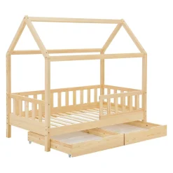 Kinderbett Marli 80 x 160 cm mit Bettkasten Hausbett mit Dach, Lattenrost, Rausfallschutz & Stauraum