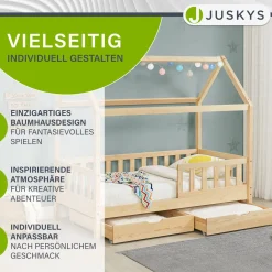 Kinderbett Marli 80 x 160 cm mit Bettkasten Hausbett mit Dach, Lattenrost, Rausfallschutz & Stauraum