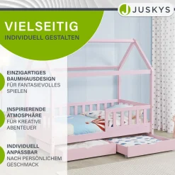 Kinderbett Marli 80 x 160 cm mit Bettkasten Hausbett mit Dach, Lattenrost, Rausfallschutz & Stauraum
