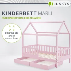 Kinderbett Marli 80 x 160 cm mit Bettkasten Hausbett mit Dach, Lattenrost, Rausfallschutz & Stauraum