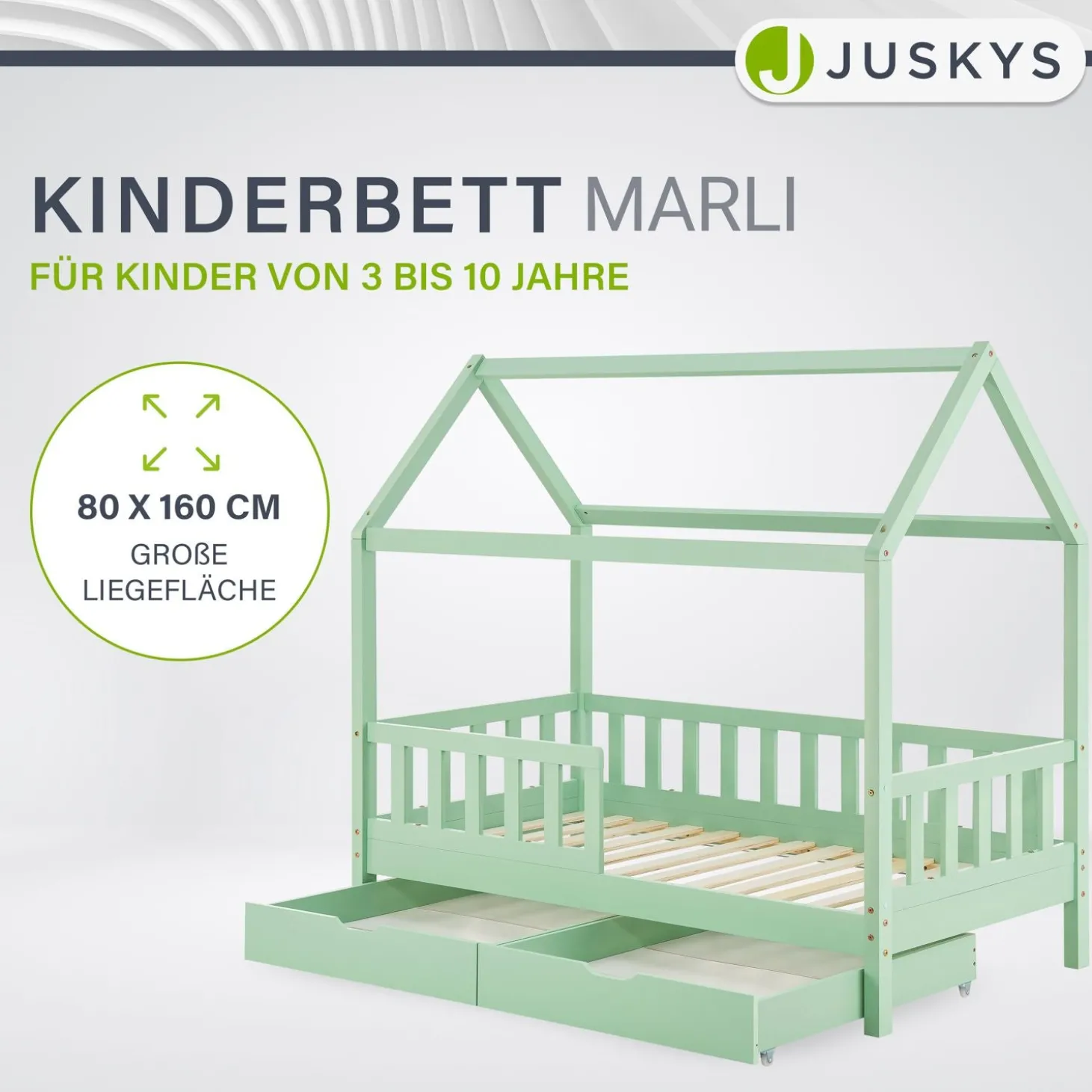 Kinderbett Marli 80 x 160 cm mit Bettkasten Hausbett mit Dach, Lattenrost, Rausfallschutz & Stauraum