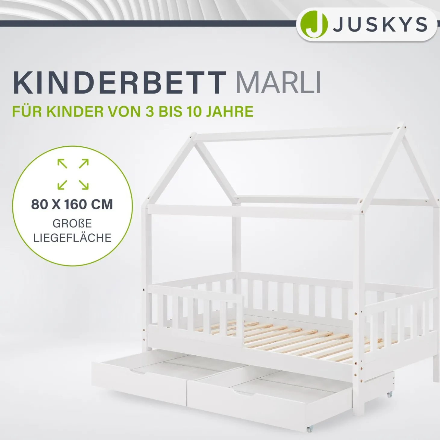 Kinderbett Marli 80 x 160 cm mit Bettkasten Hausbett mit Dach, Lattenrost, Rausfallschutz & Stauraum